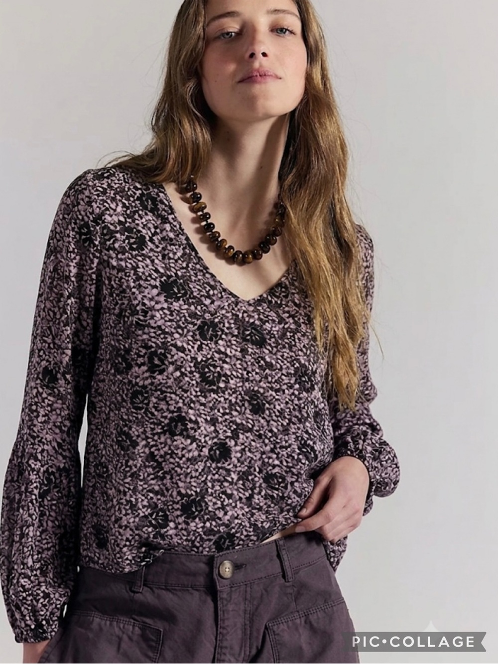 Bp Purple Black Floral Bishop Sleeve V-Neck Top S Boho Chic Whimigoth